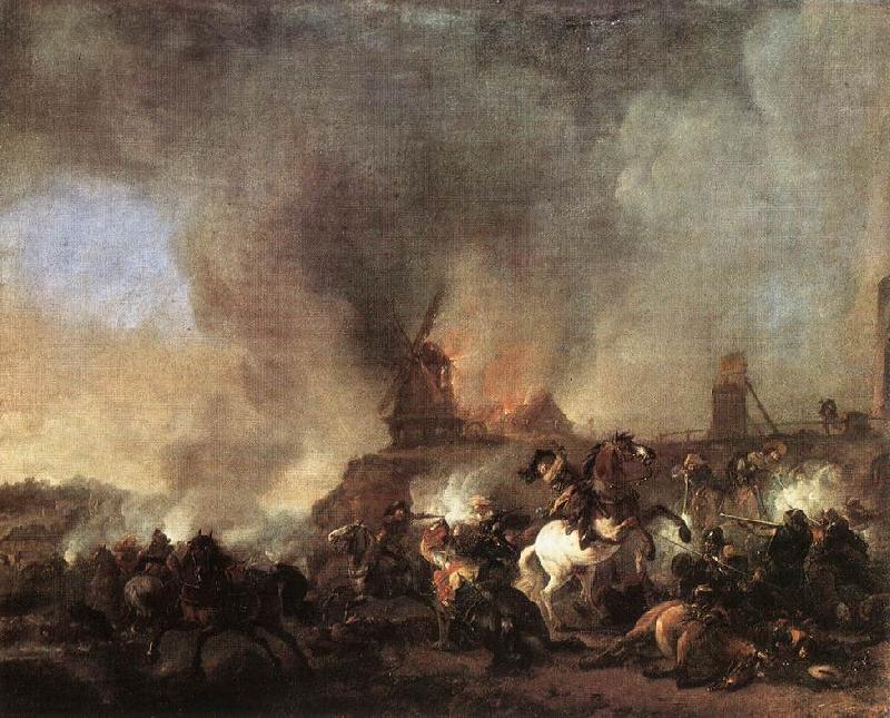 WOUWERMAN, Philips Cavalry Battle in front of a Burning Mill tfur Sweden oil painting art